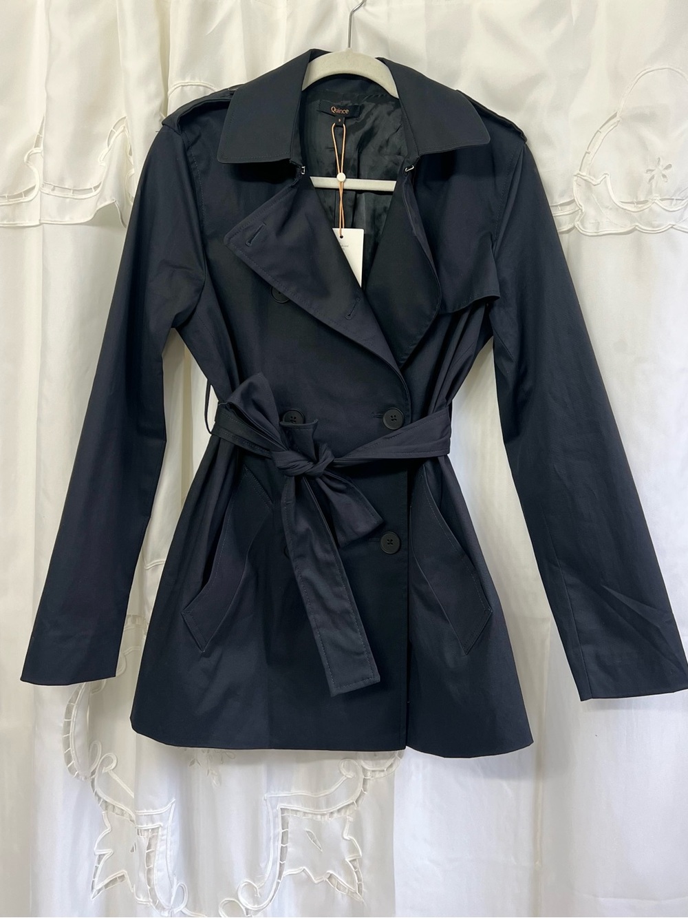 NWT Quince Comfort Stretch Short Trench Coat Black Small Belted - Picture 10 of 16